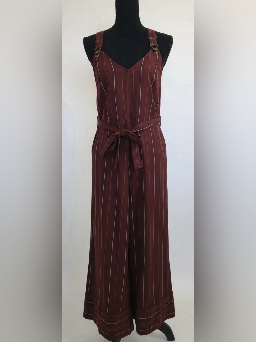 Billabong Burgundy Pinstripe Wide-Leg Jumpsuit with Waist Tie